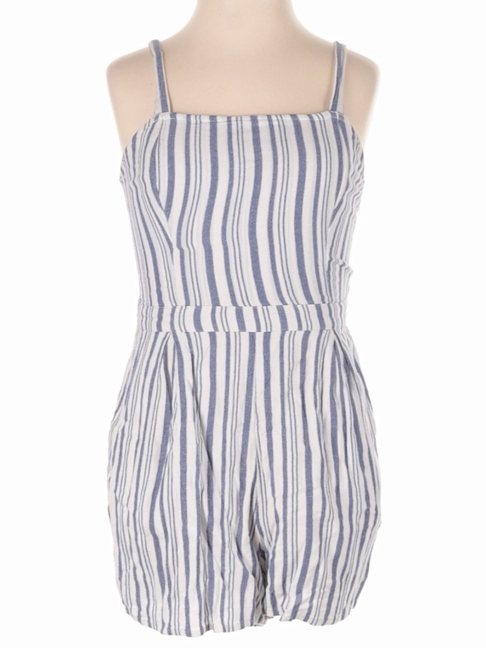 Hollister Striped Blue & White Linen-Blend Women's Romper Tie Back Size XS